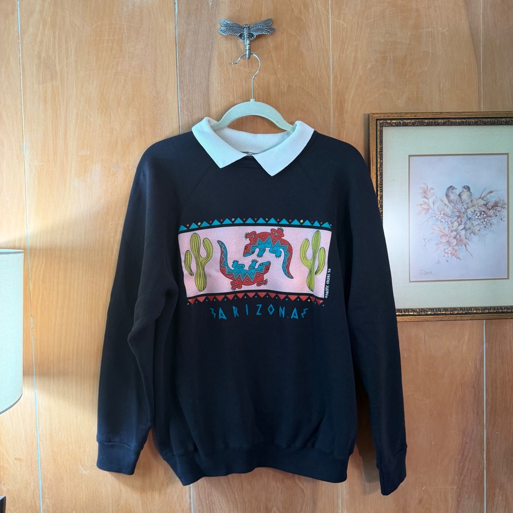 Vintage Tultex Arizona Lizard Cactus Sweatshirt 1990 Black Polo‎ Collar Large